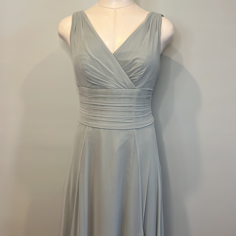 ✨HOST PICK✨David’s Bridal Dusty Sage Long Chiffon Surplice Tank Bridesmaid Dress - Picture 4 of 11